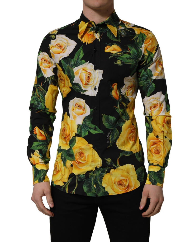Camisa social de algodão elástico com estampa floral preta SICILIA Fit Dolce & Gabbana