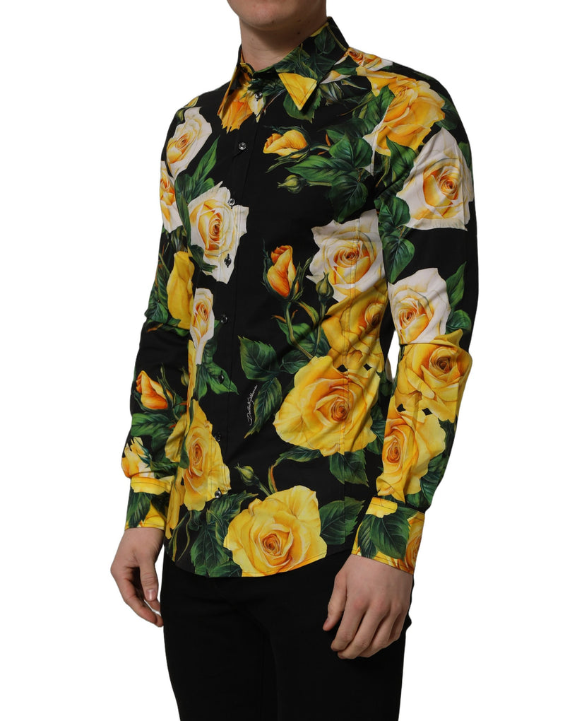 Camisa social de algodão elástico com estampa floral preta SICILIA Fit Dolce & Gabbana