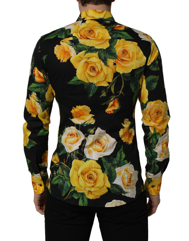 Camisa social de algodão elástico com estampa floral preta SICILIA Fit Dolce & Gabbana