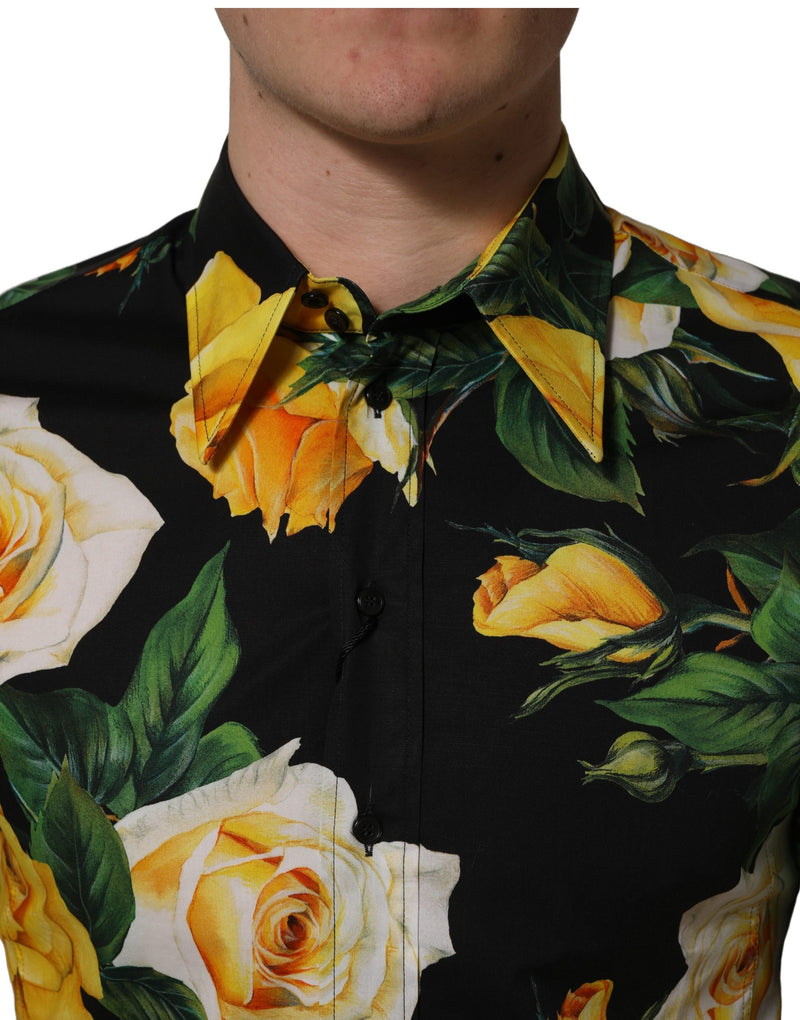 Camisa social de algodão elástico com estampa floral preta SICILIA Fit Dolce & Gabbana
