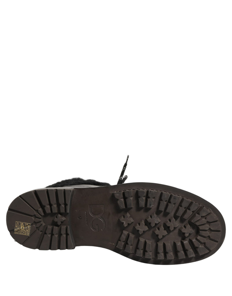 Bottes en cuir à lacets avec fourrure de trekking noires Dolce & Gabbana