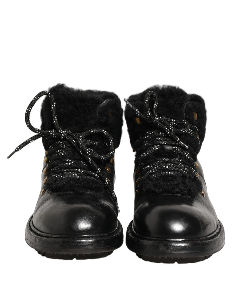 Bottes en cuir à lacets avec fourrure de trekking noires Dolce & Gabbana