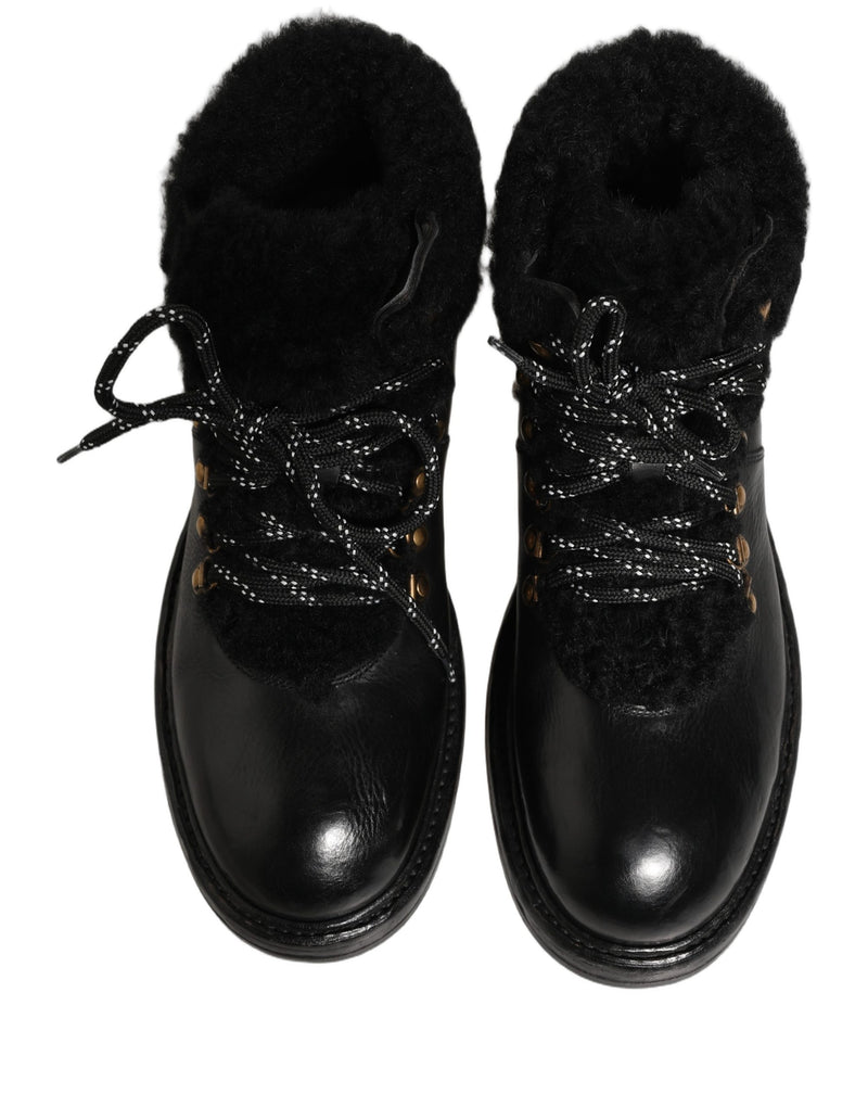 Bottes en cuir à lacets avec fourrure de trekking noires Dolce & Gabbana