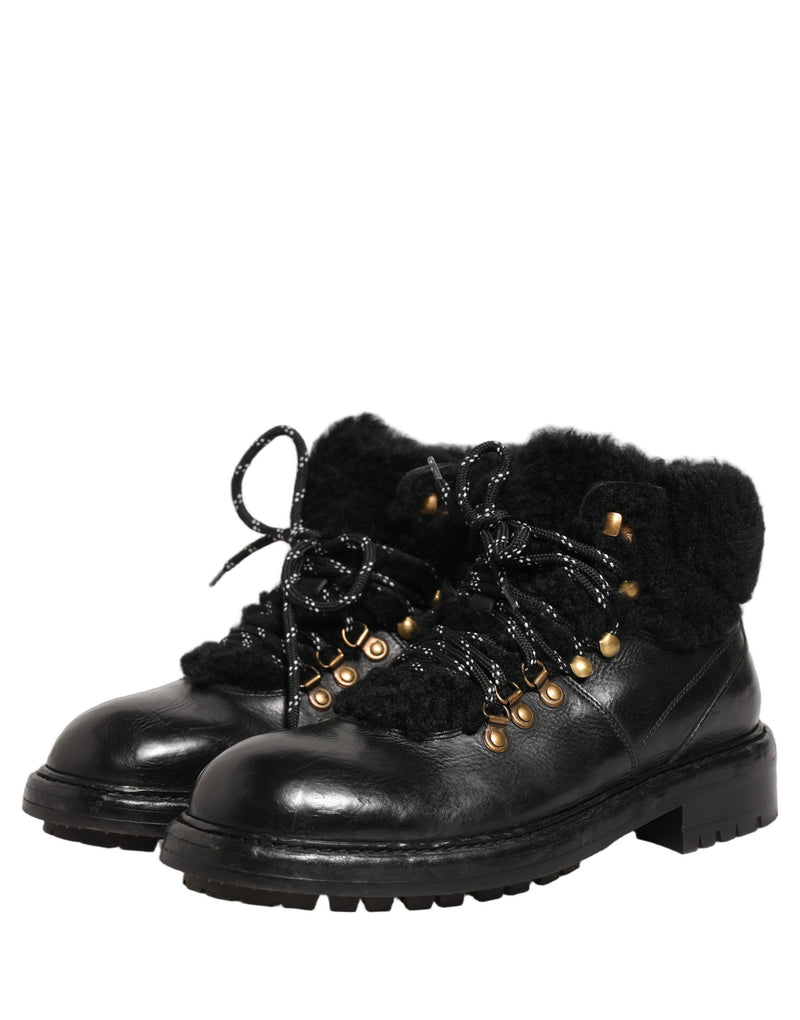Bottes en cuir à lacets avec fourrure de trekking noires Dolce & Gabbana