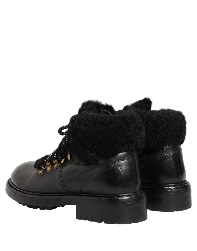 Bottes en cuir à lacets avec fourrure de trekking noires Dolce & Gabbana