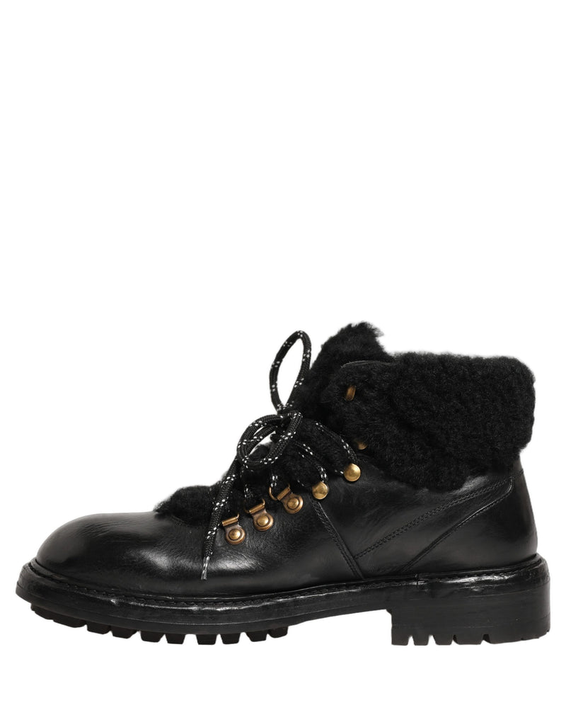 Bottes en cuir à lacets avec fourrure de trekking noires Dolce & Gabbana