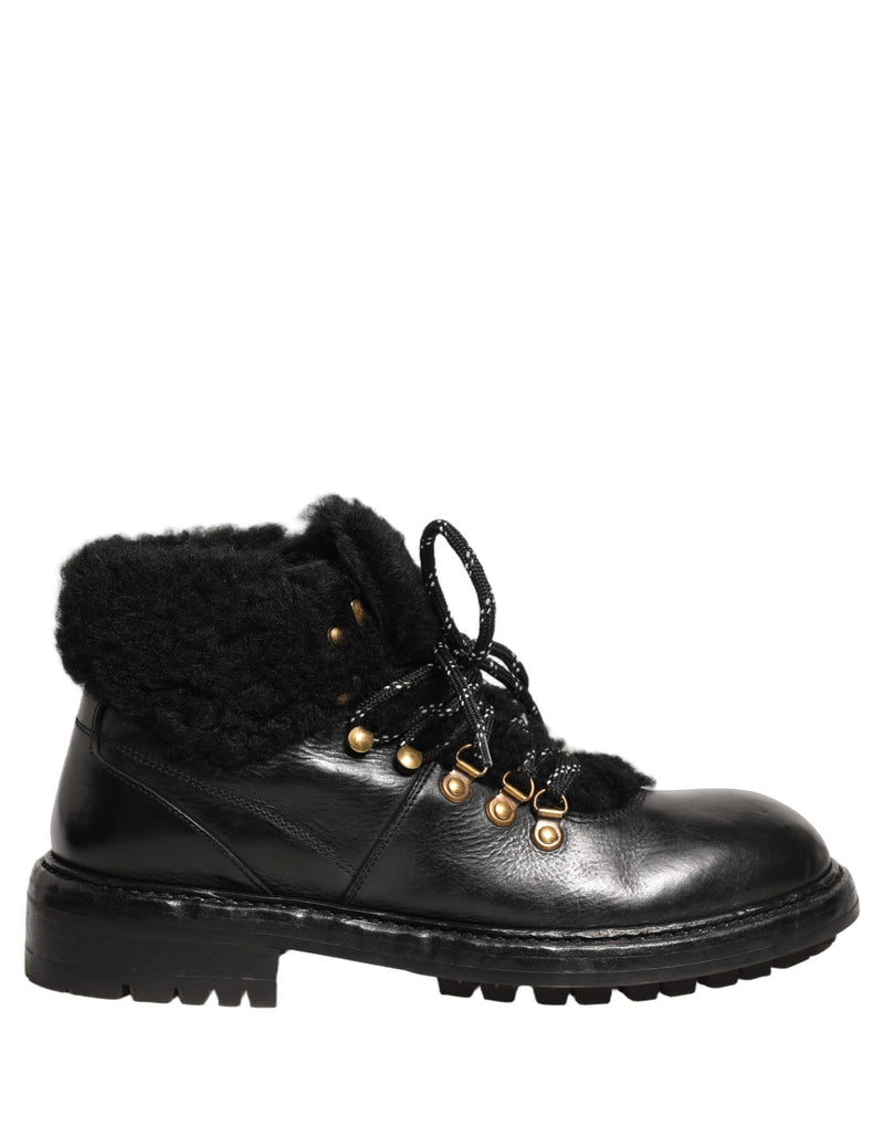Bottes en cuir à lacets avec fourrure de trekking noires Dolce & Gabbana