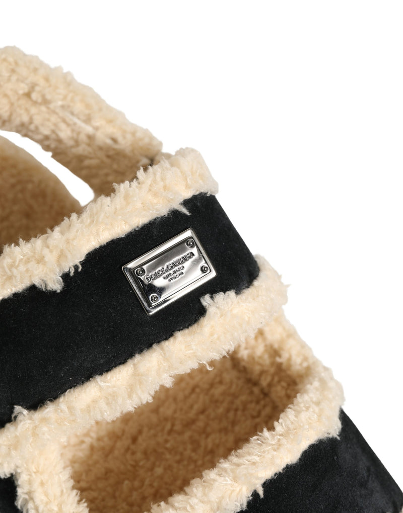 Dolce & Gabbana Sandales plates pour homme en fausse fourrure beige et noire