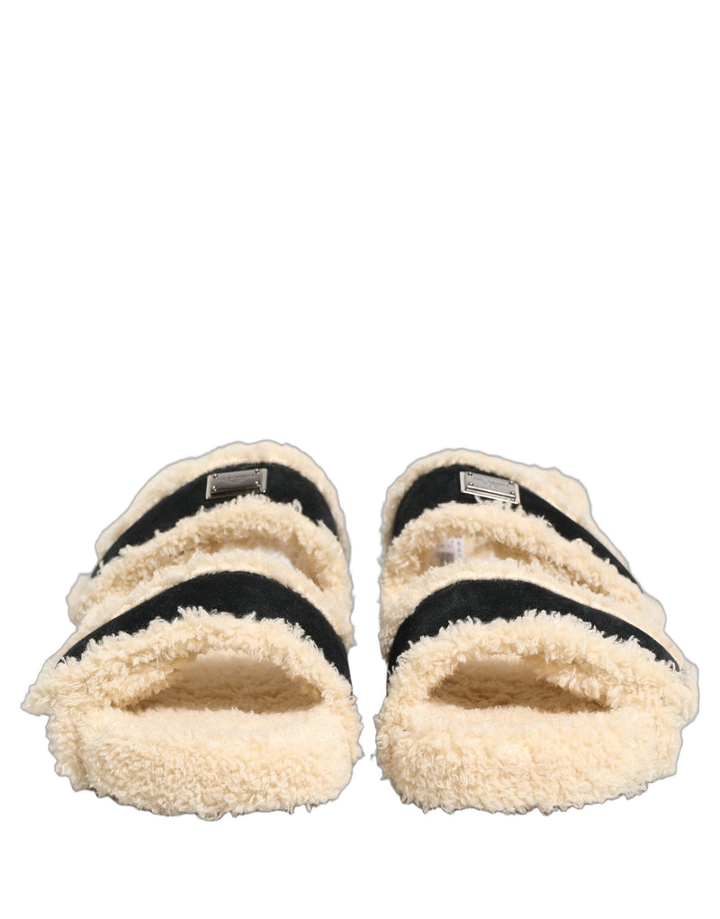 Dolce & Gabbana Sandales plates pour homme en fausse fourrure beige et noire