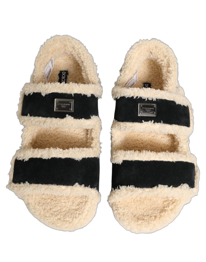 Dolce & Gabbana Sandales plates pour homme en fausse fourrure beige et noire