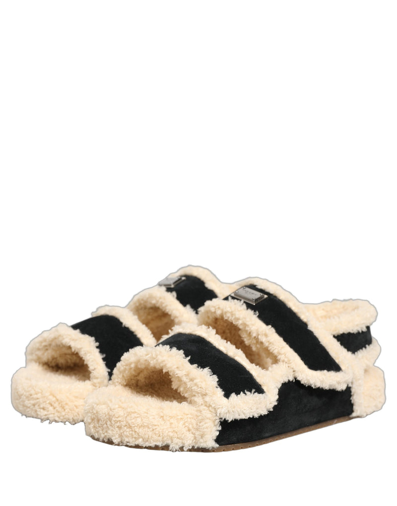 Dolce & Gabbana Sandales plates pour homme en fausse fourrure beige et noire