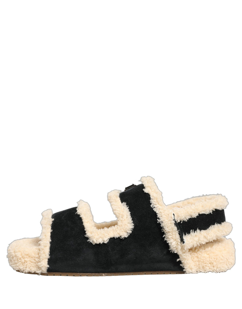 Dolce & Gabbana Sandales plates pour homme en fausse fourrure beige et noire