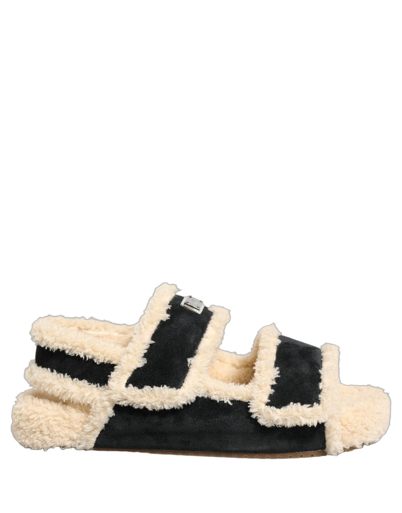 Dolce & Gabbana Sandales plates pour homme en fausse fourrure beige et noire