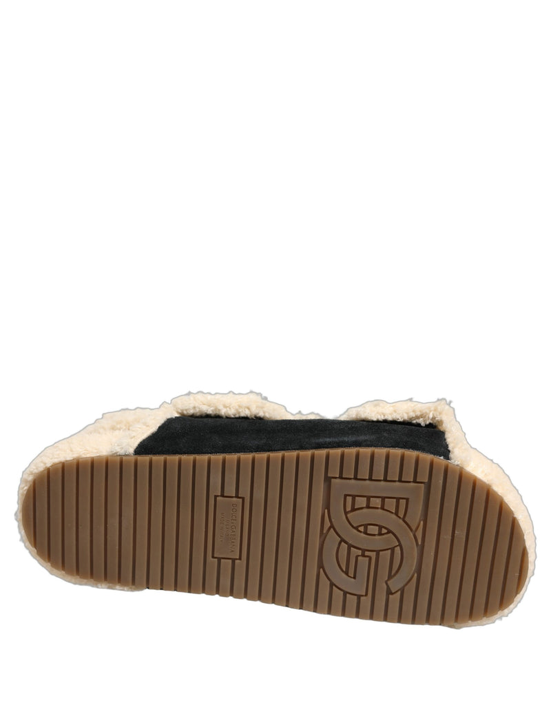 Dolce & Gabbana Sandales plates pour homme en fausse fourrure beige et noire
