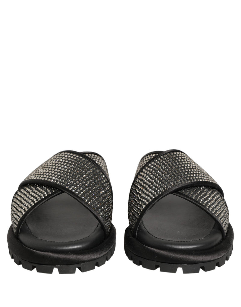 Sandali a ciabatta neri con fasce incrociate e strass Dolce & Gabbana