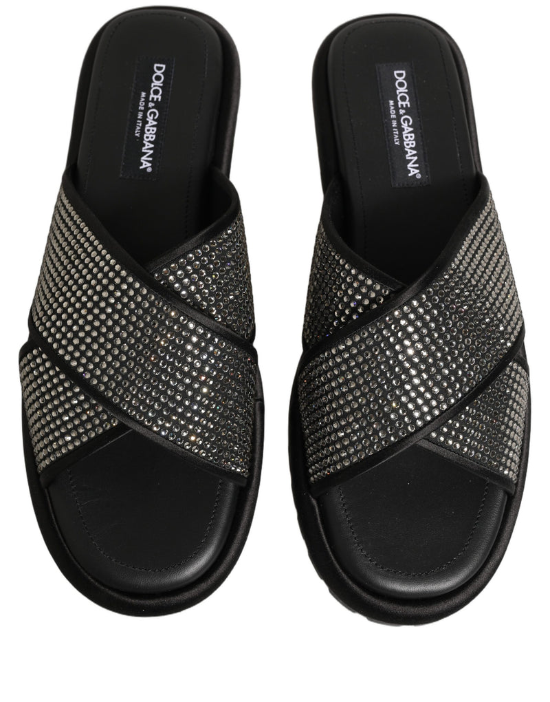 Sandali a ciabatta neri con fasce incrociate e strass Dolce & Gabbana