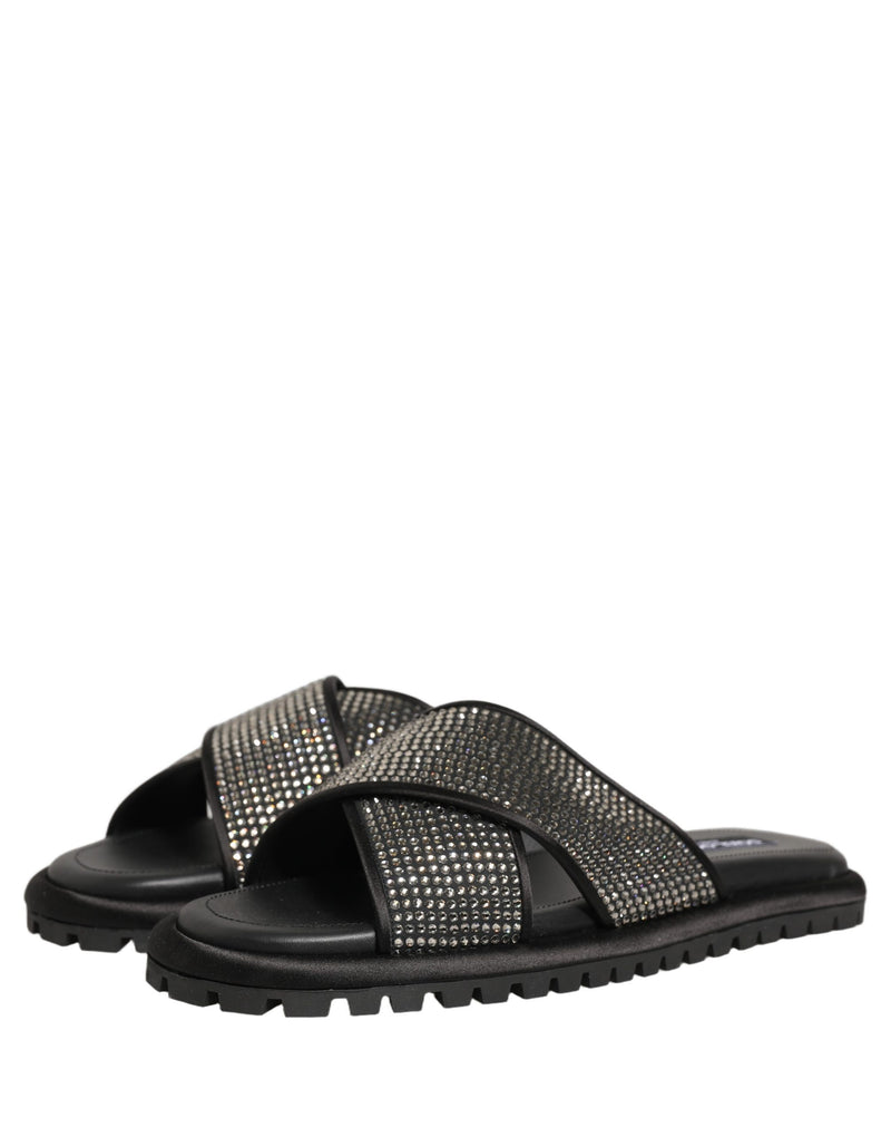 Sandali a ciabatta neri con fasce incrociate e strass Dolce & Gabbana