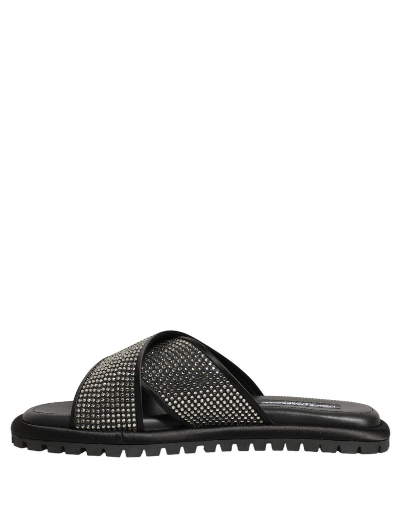 Sandali a ciabatta neri con fasce incrociate e strass Dolce & Gabbana