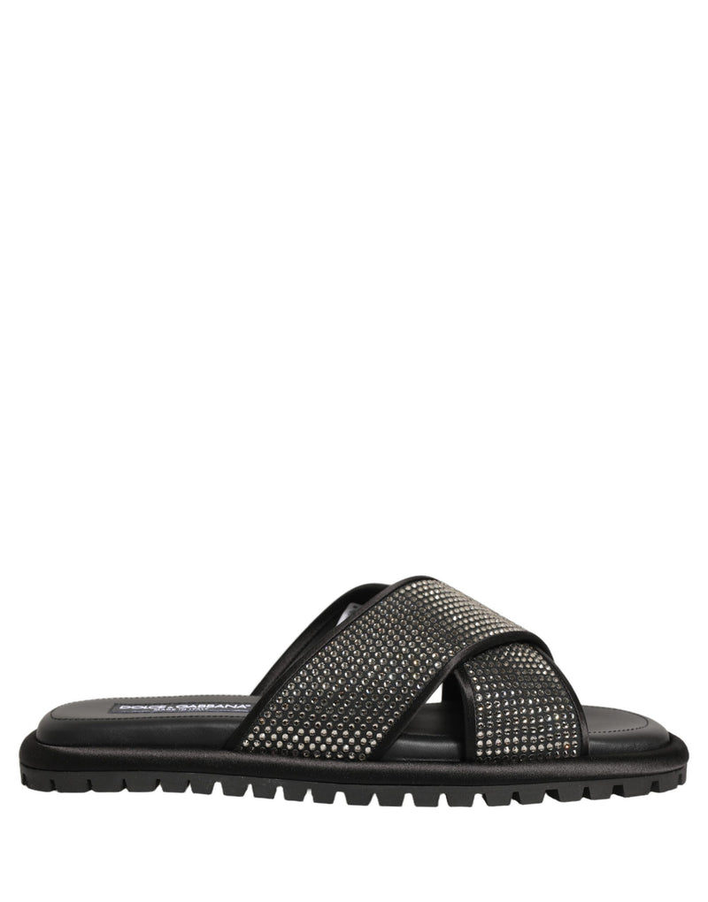 Sandali a ciabatta neri con fasce incrociate e strass Dolce & Gabbana
