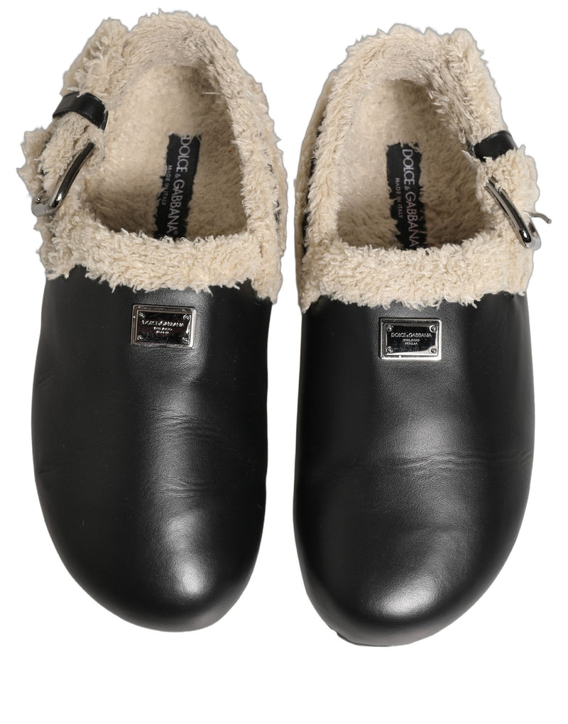 Sandalias tipo chancla de piel de oveja beige y negra Dolce & Gabbana
