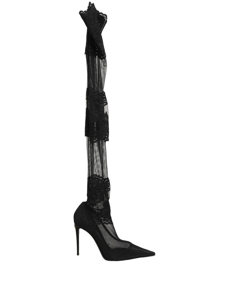 Botas negras por encima de la rodilla con tacón y diseño de calcetín de Dolce & Gabbana