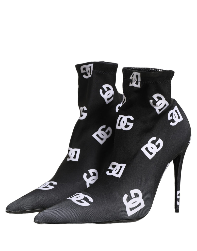 Botas de cano curto pretas com salto e logo em tecido elástico Dolce & Gabbana