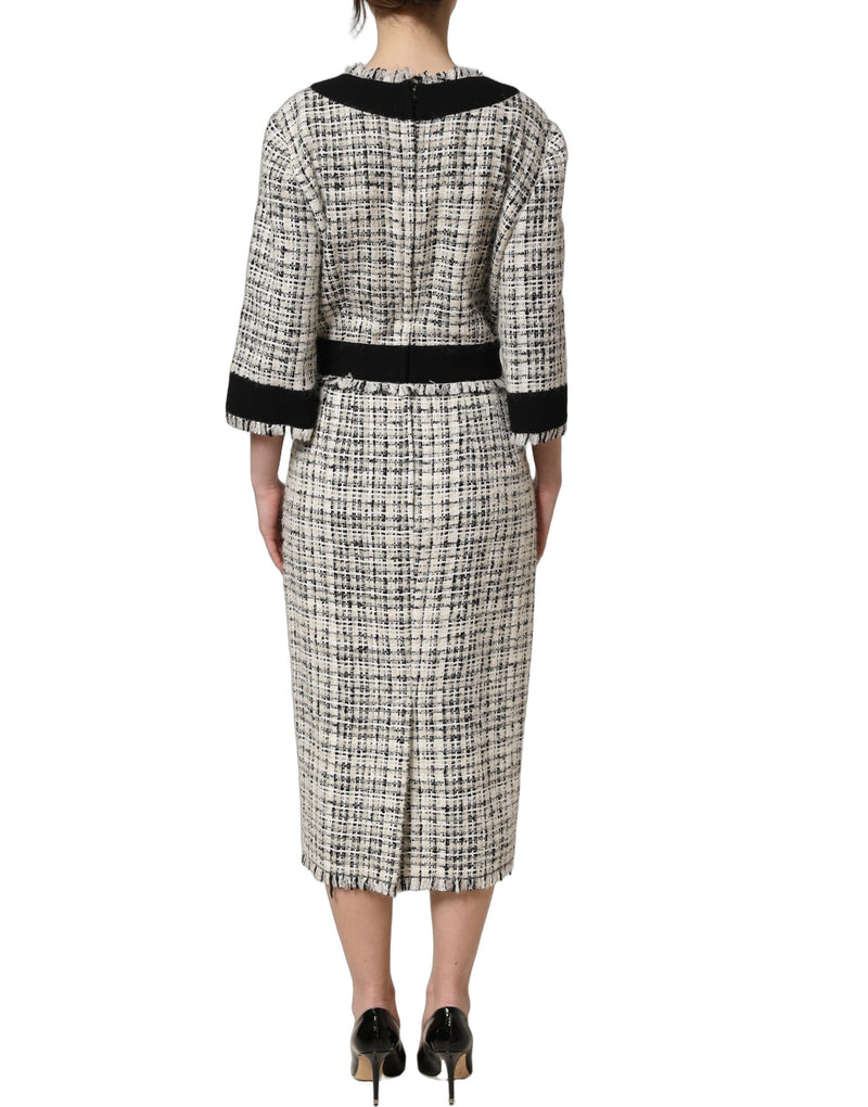 Vestido midi multicolor de tweed bouclé con bajo deshilachado de Dolce & Gabbana