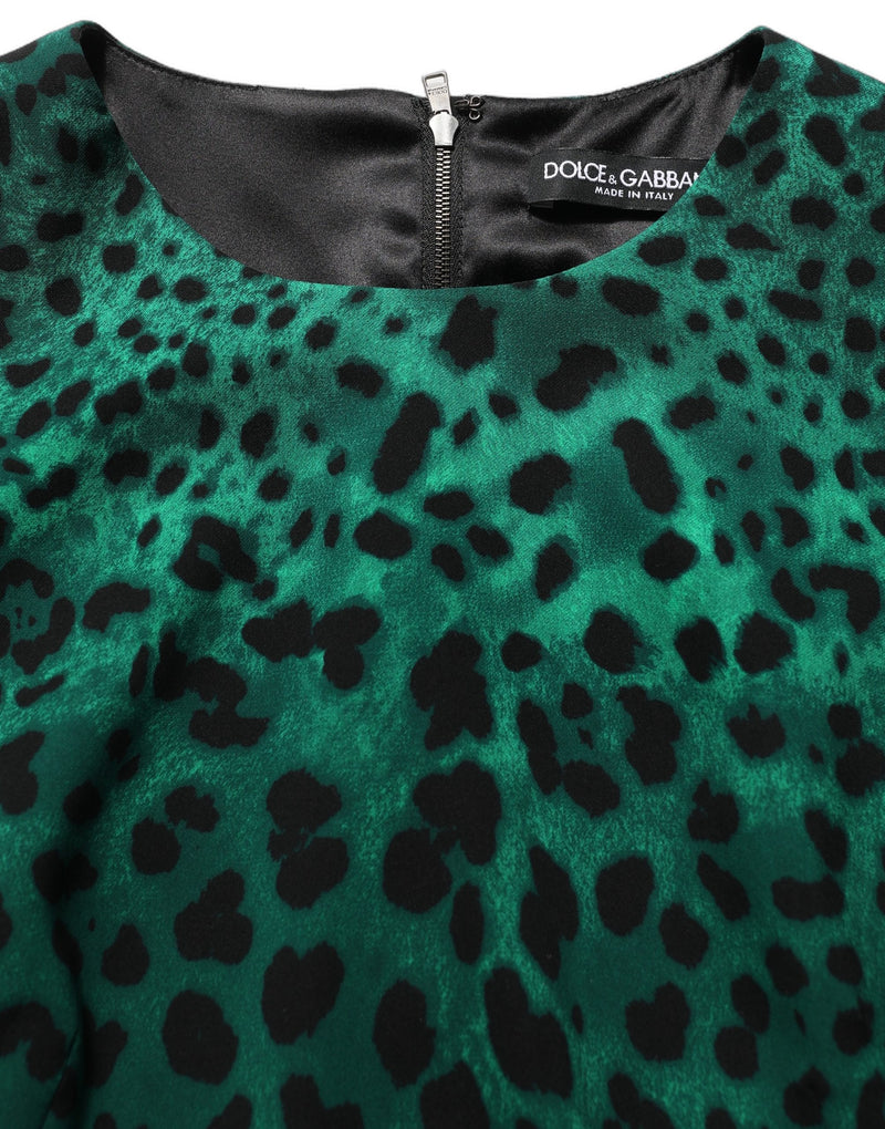 Vestido verde de seda com estampa de leopardo e comprimento até o joelho Dolce & Gabbana