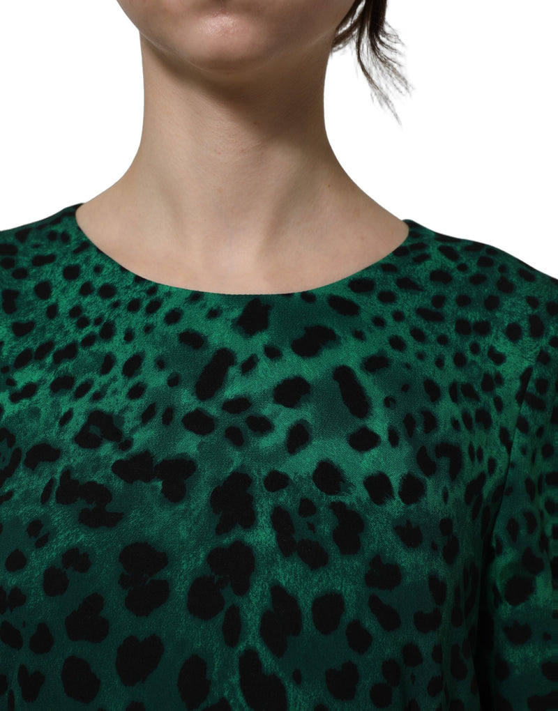 Vestido verde de seda com estampa de leopardo e comprimento até o joelho Dolce & Gabbana
