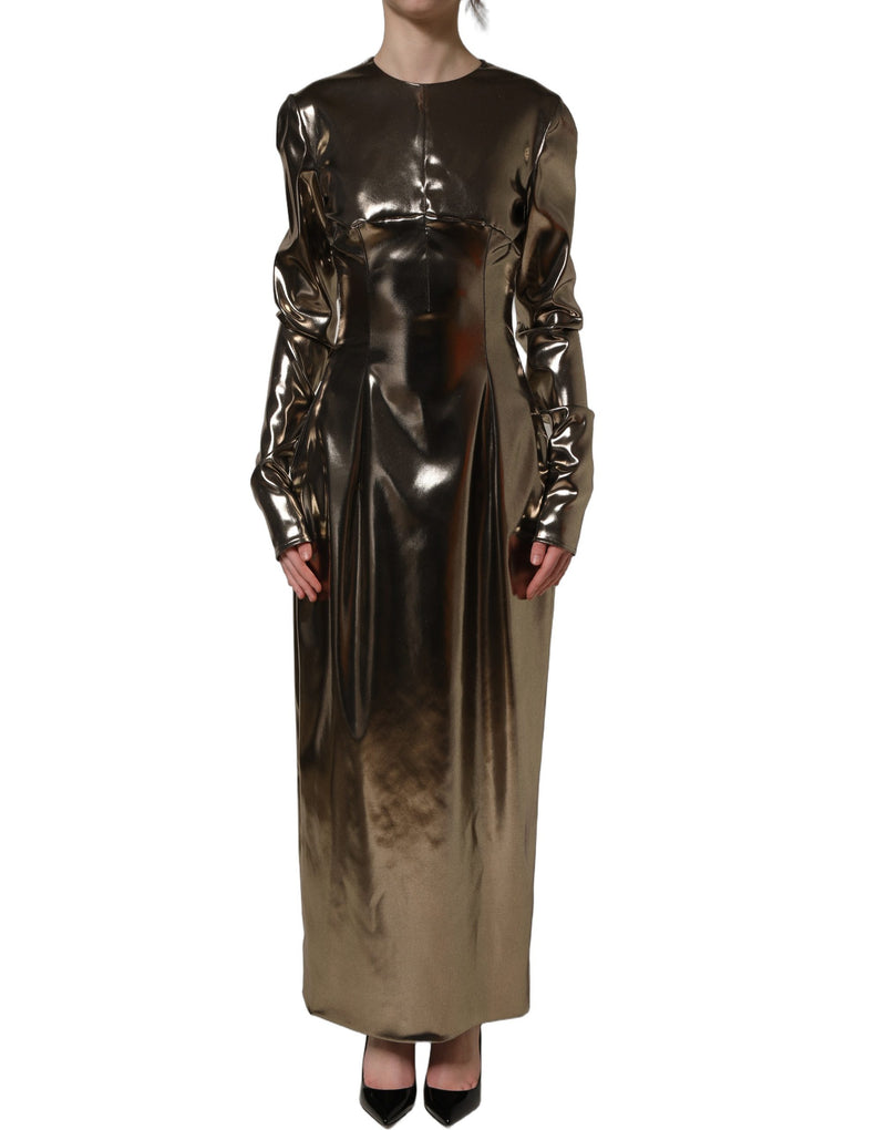 Vestido longo de manga longa em poliéster dourado metálico Dolce & Gabbana