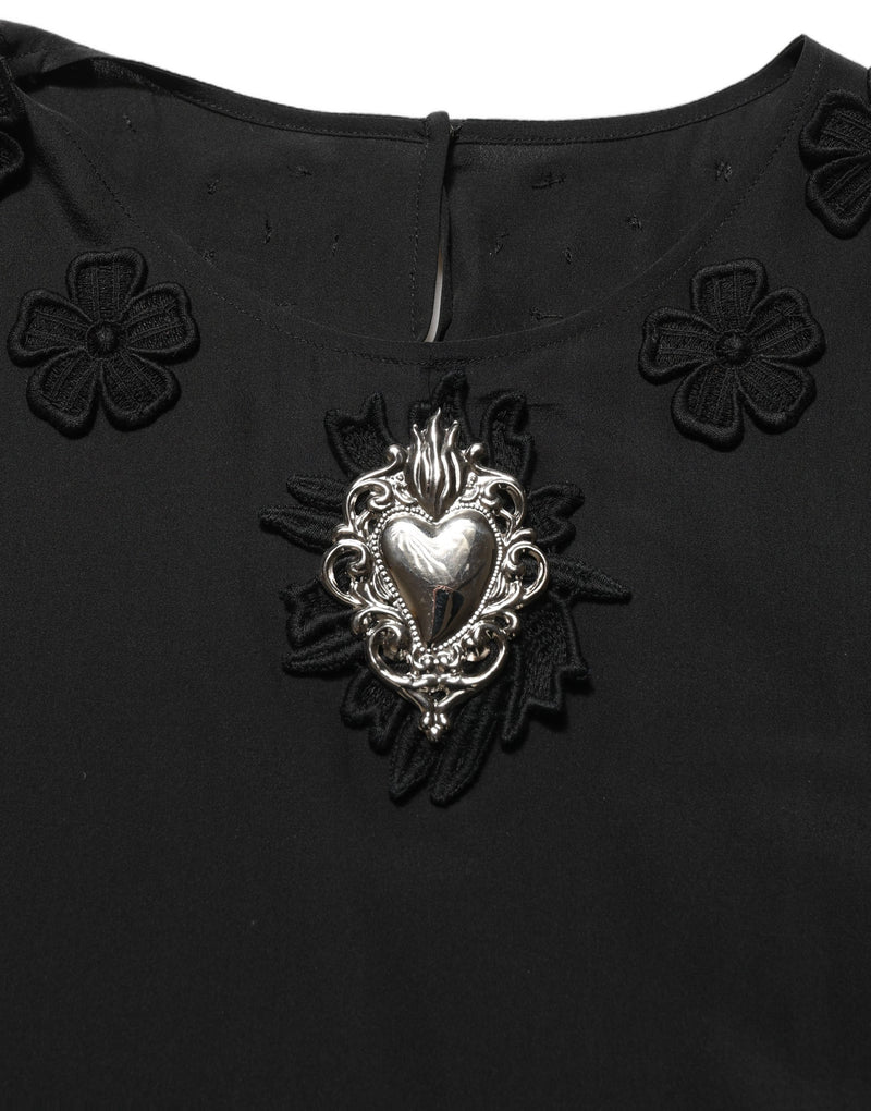 Blusa preta de seda com estampa floral e aplique de coração Dolce & Gabbana
