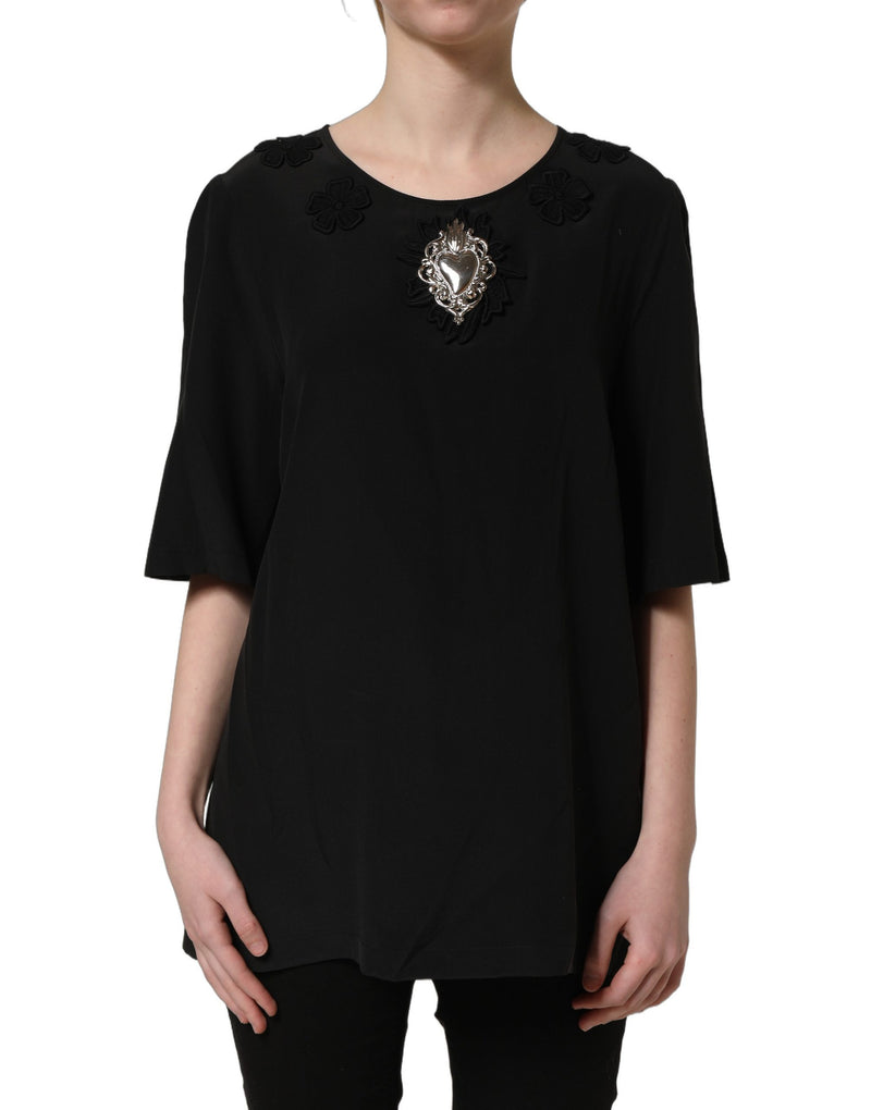Blusa preta de seda com estampa floral e aplique de coração Dolce & Gabbana