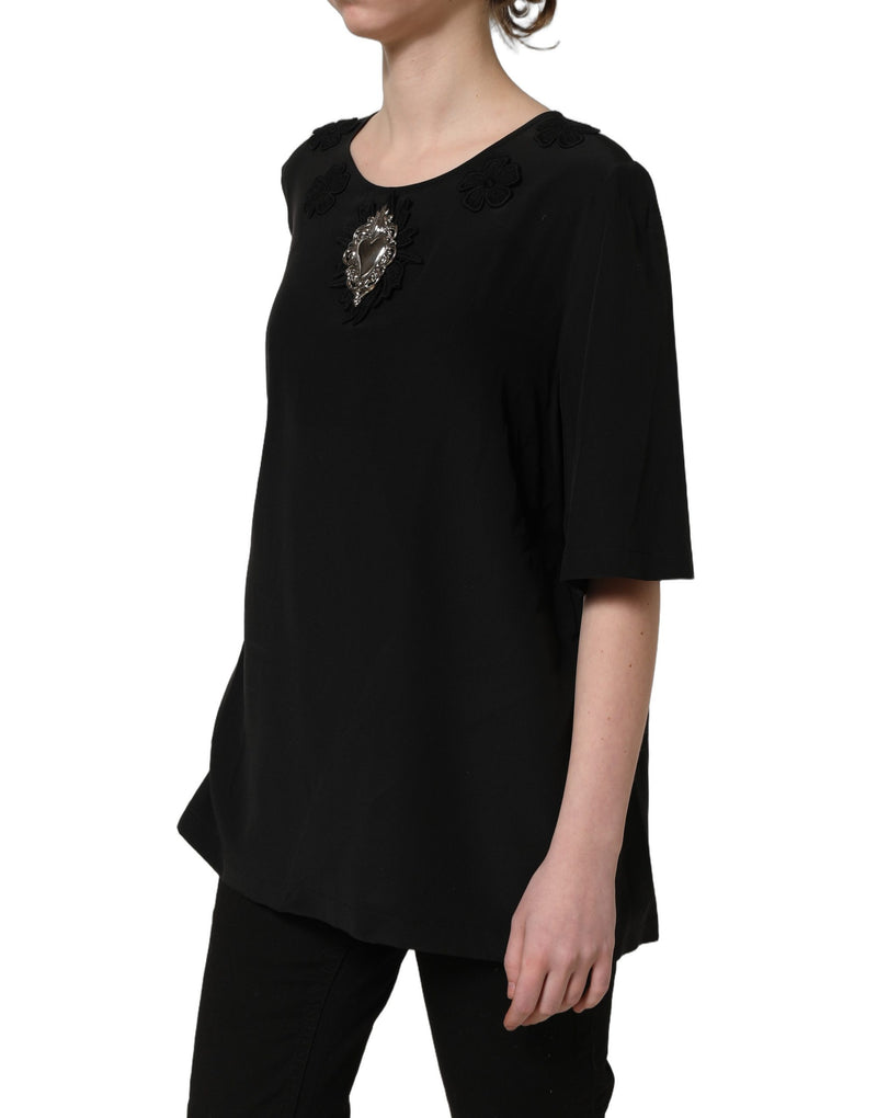 Blusa preta de seda com estampa floral e aplique de coração Dolce & Gabbana