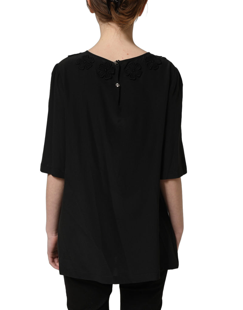 Blusa preta de seda com estampa floral e aplique de coração Dolce & Gabbana