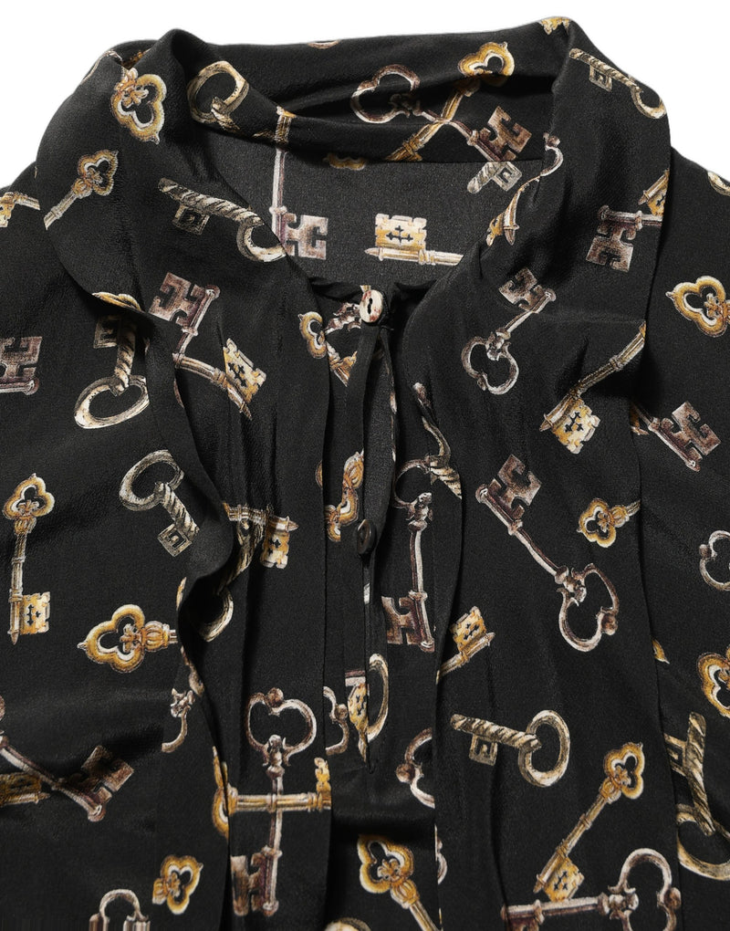 Blusa preta de seda com estampa de chaves e gola com laço Dolce & Gabbana