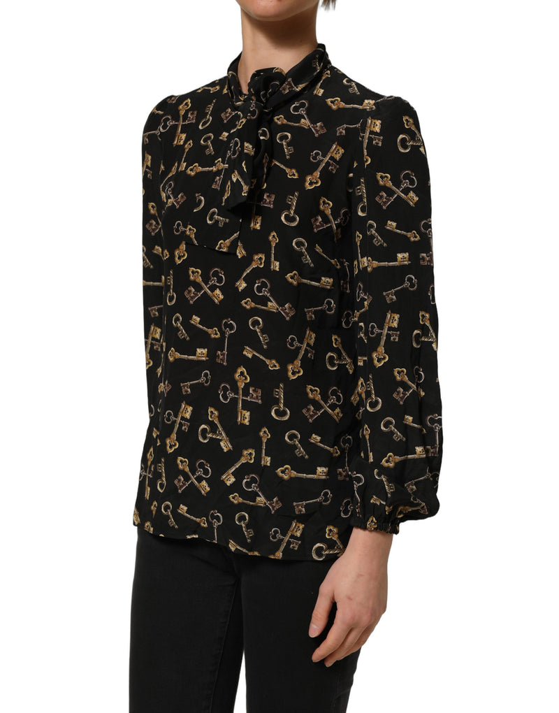Blusa preta de seda com estampa de chaves e gola com laço Dolce & Gabbana