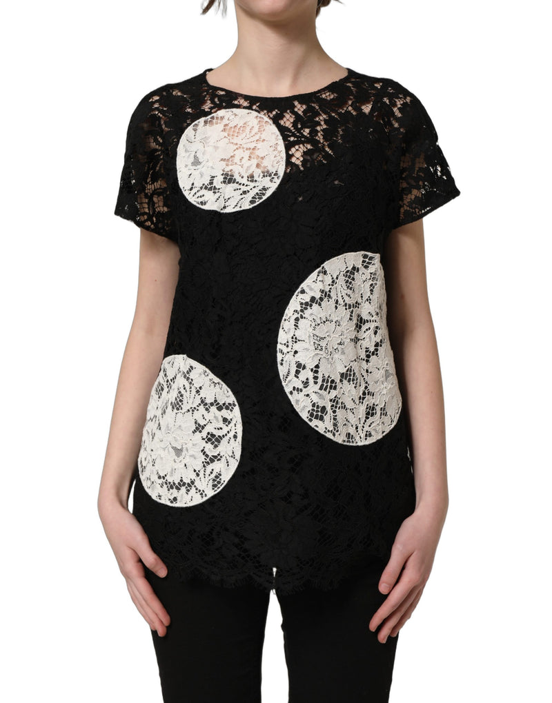 Blouse à manches courtes en dentelle florale noire et blanche Dolce & Gabbana