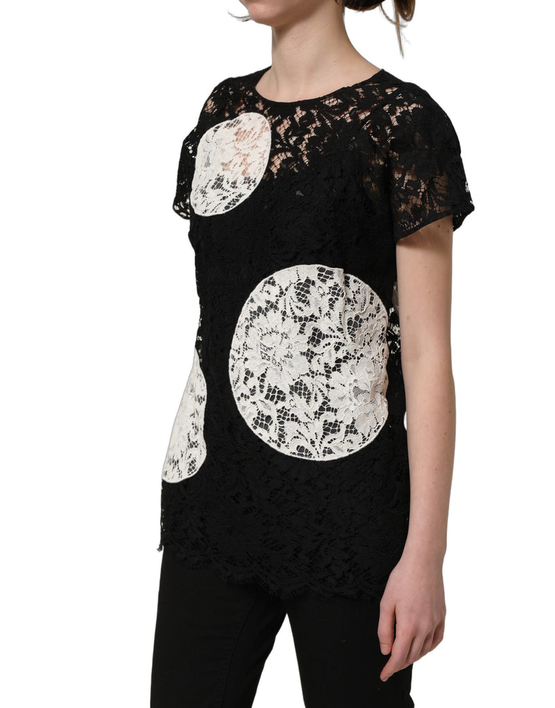Blouse à manches courtes en dentelle florale noire et blanche Dolce & Gabbana