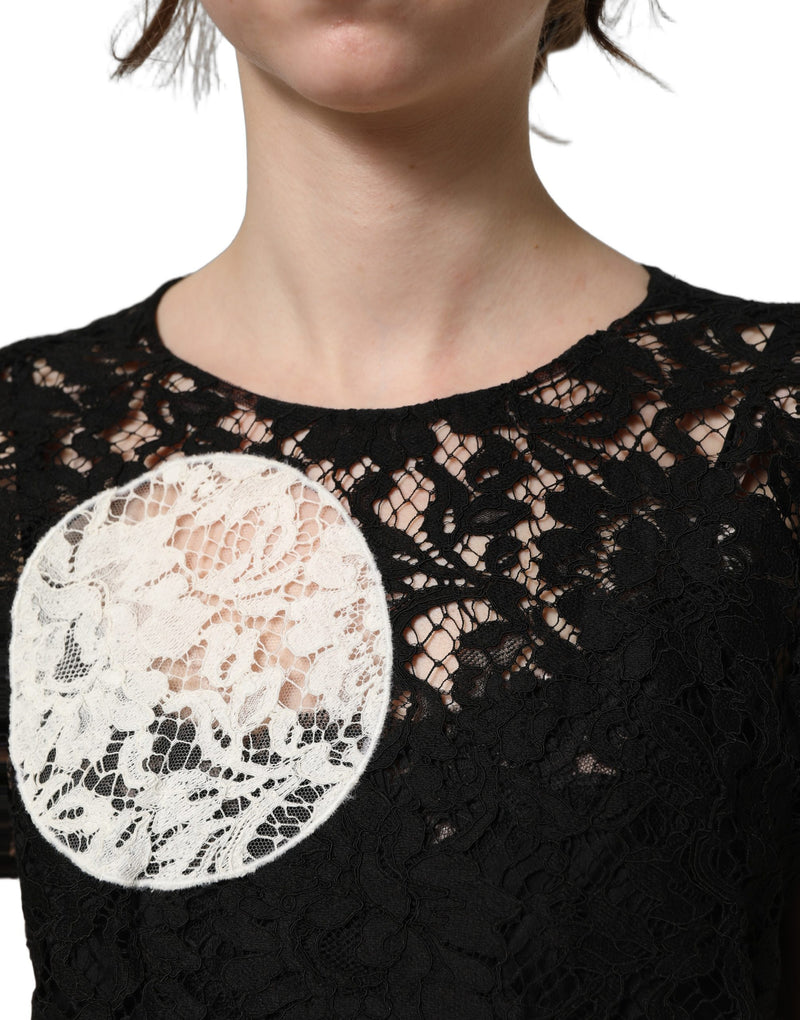 Blouse à manches courtes en dentelle florale noire et blanche Dolce & Gabbana