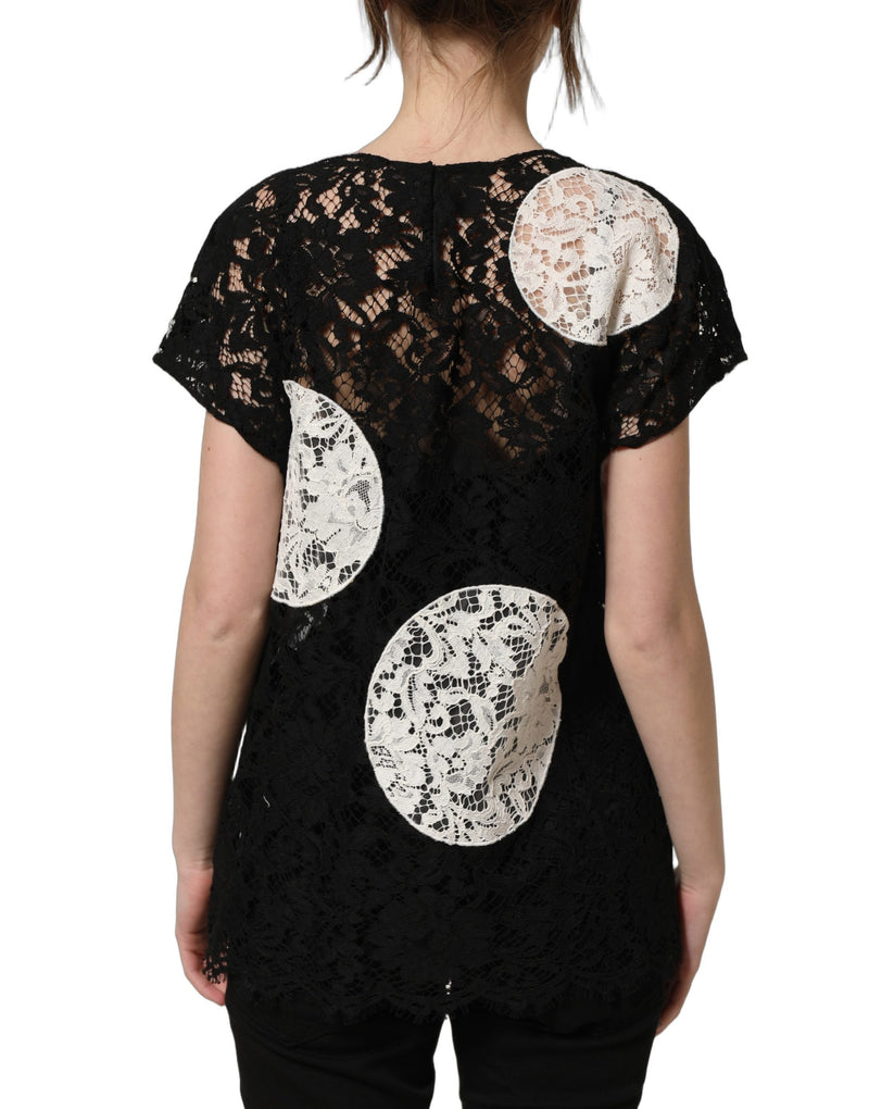 Blouse à manches courtes en dentelle florale noire et blanche Dolce & Gabbana