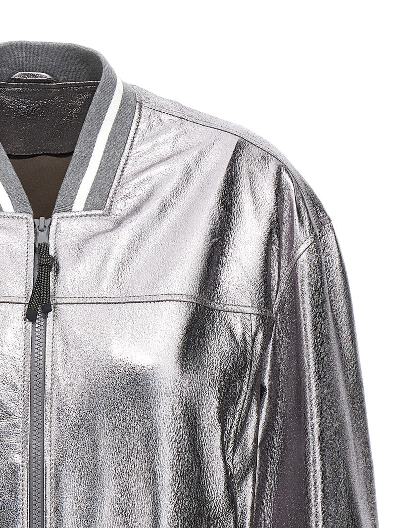 Brunello Cucinelli Silver Leather Bomber