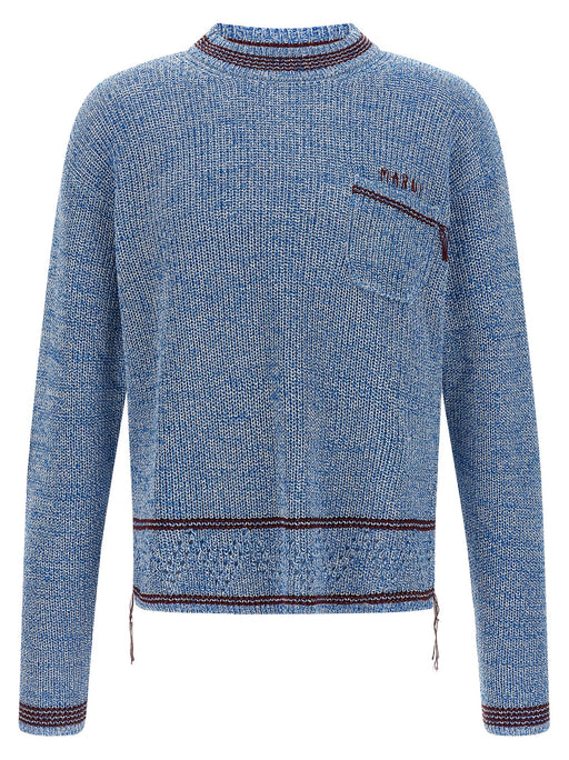 Front view of the Marni Light Blue Cotton Crew Neck Sweater with Mending Detail, a Marni Blue Cotton Cardigan in textured 100% cotton with embroidered chest pocket, decorative stitching, and contrast ribbed trims. Available at Urbalenti NYC, style 13879, 79680700467, in Blue, Cardigans - Sweaters - Clothing, Clothing, Discount_60-69, in-stock, sizes IT50 | L and IT52 | XL; Marni, Men, New with tags, Sweaters - Clothing.