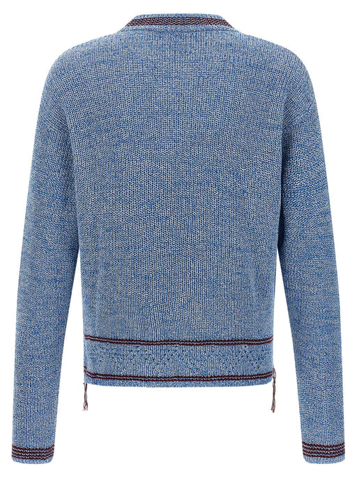 Back view of the Marni Light Blue Cotton Crew Neck Sweater with Mending Detail, a Marni Blue Cotton Cardigan featuring a textured two-tone knit, dropped shoulders, long sleeves, and contrast ribbed hem. Shop at Urbalenti NYC, style 13879, 79680700467, in Blue, Cardigans - Sweaters - Clothing, Clothing, Discount_60-69, in-stock, sizes IT50 | L and IT52 | XL; Marni, Men, New with tags, Sweaters - Clothing.