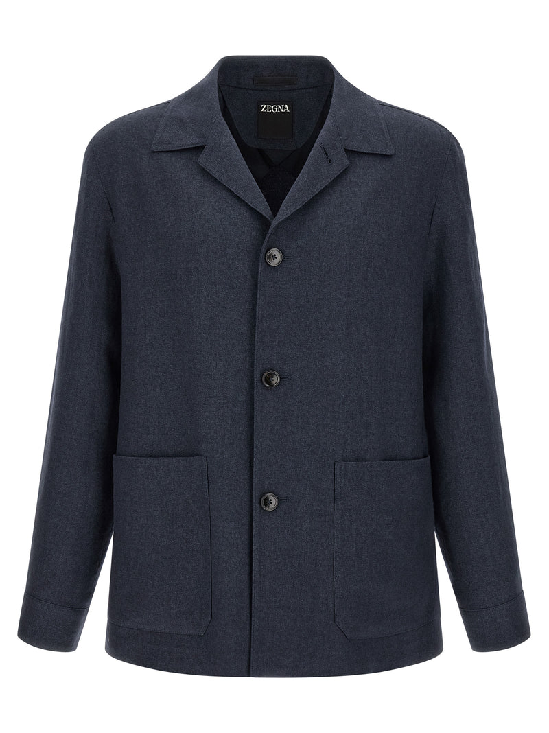 ZEGNA Blue Linen Full-Length Jacket
