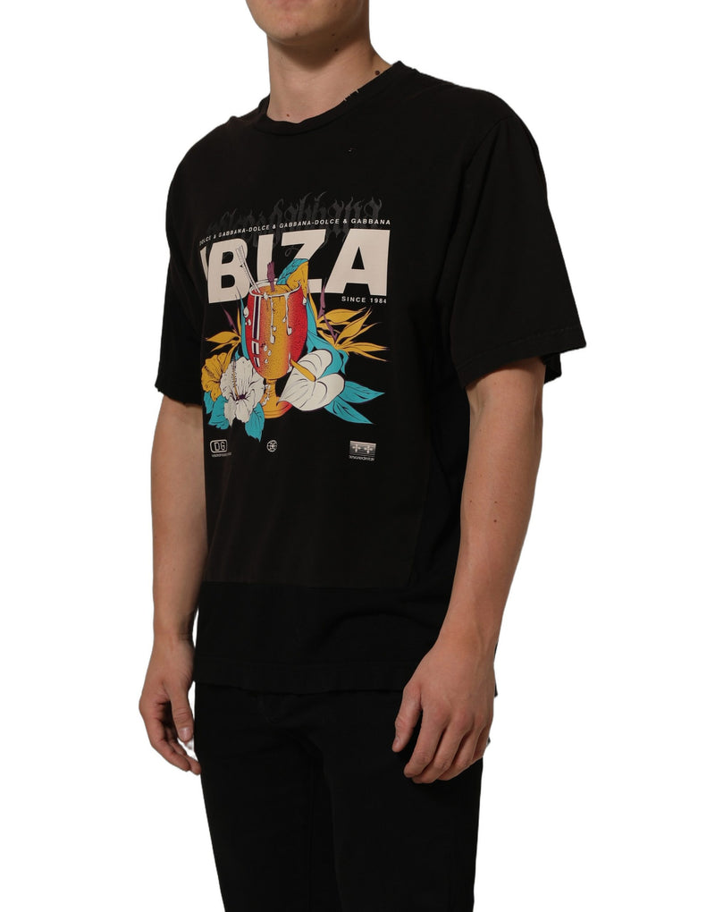 Camiseta masculina preta de algodão com estampa tropical "IBIZA" e gola careca Dolce & Gabbana