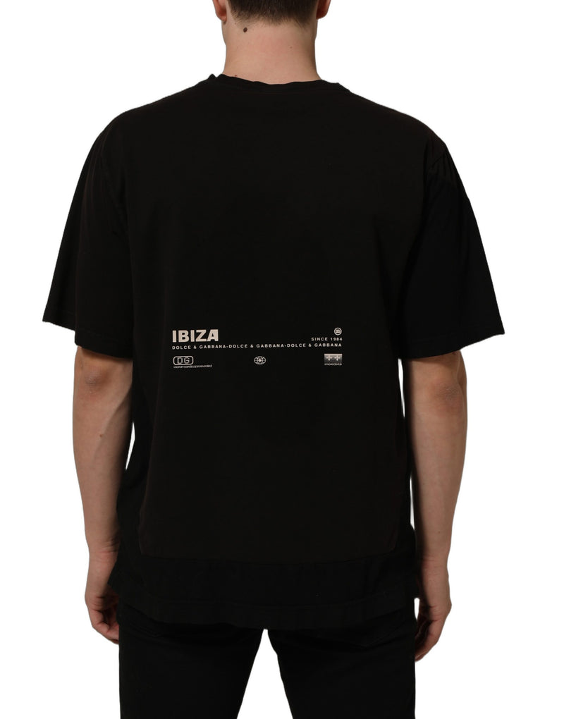 Camiseta masculina preta de algodão com estampa tropical "IBIZA" e gola careca Dolce & Gabbana