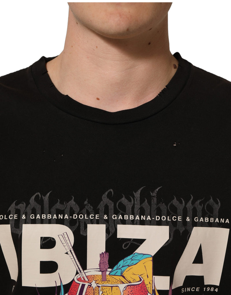 Camiseta masculina preta de algodão com estampa tropical "IBIZA" e gola careca Dolce & Gabbana
