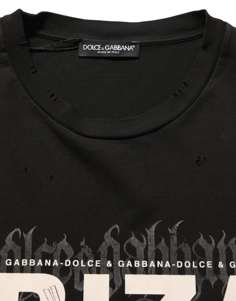 Camiseta masculina preta de algodão com estampa tropical "IBIZA" e gola careca Dolce & Gabbana