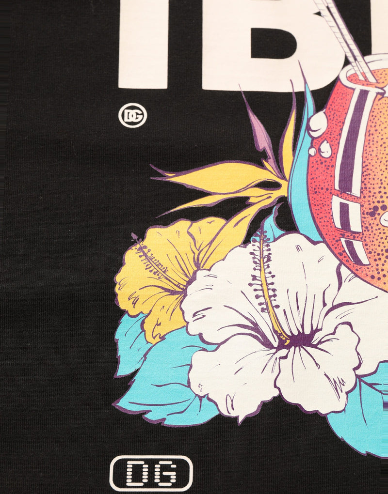 Camiseta masculina preta de algodão com estampa tropical "IBIZA" e gola careca Dolce & Gabbana