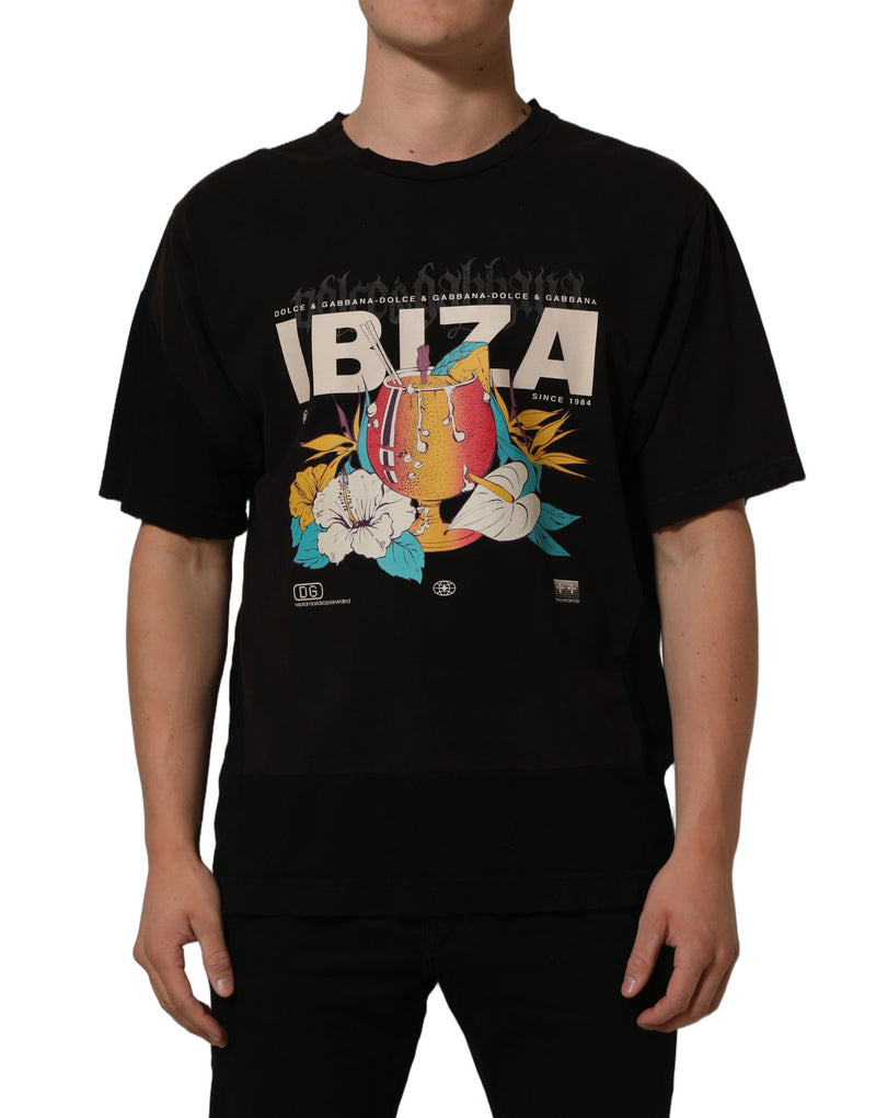 Camiseta masculina preta de algodão com estampa tropical "IBIZA" e gola careca Dolce & Gabbana